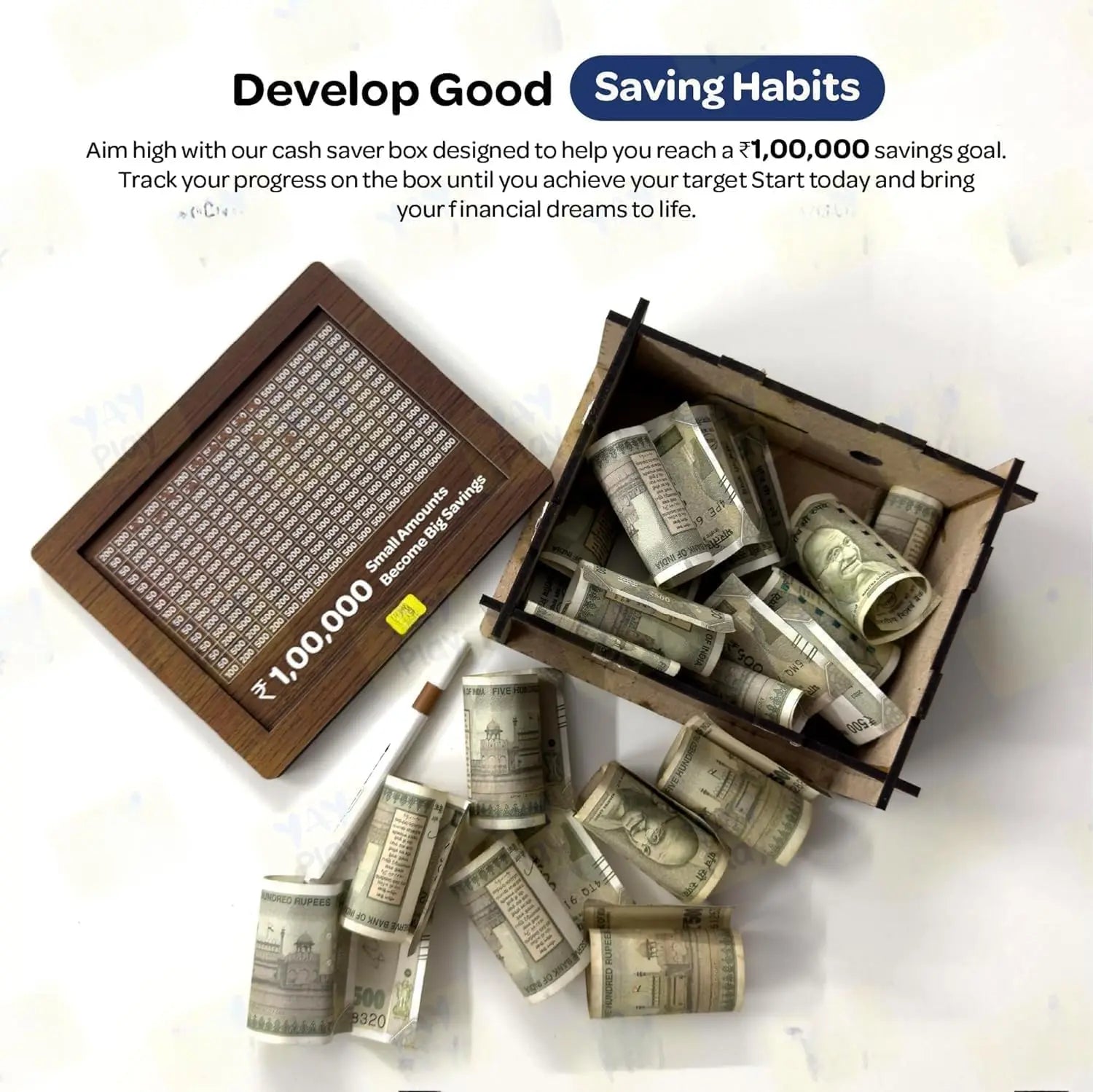 Wooden Piggy Bank Savings Challenge Box – ₹1 Lakh Money Saving Tracker with Marker