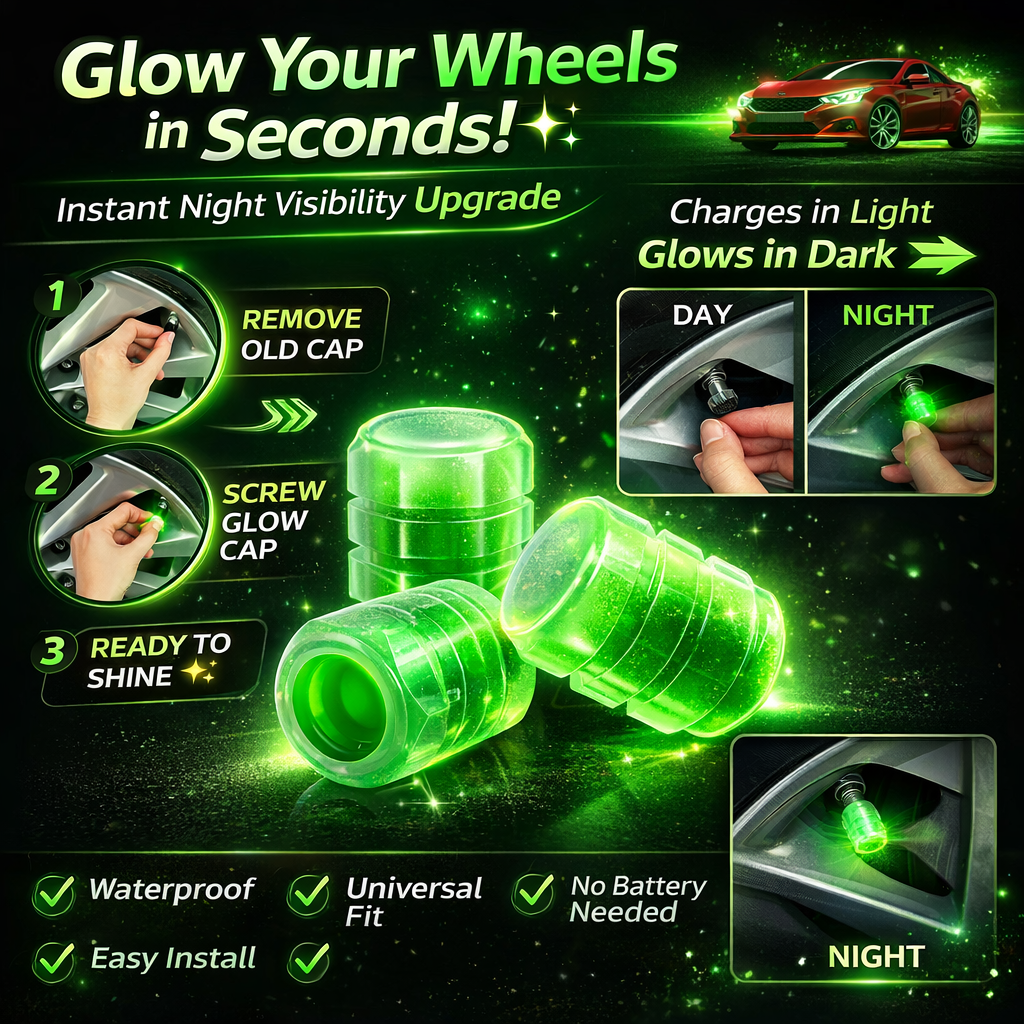 Glowing Tyre Valve Caps for Car & Bike (4 Pcs) – Neon Night Safety Wheel Accessories | Universal Fit