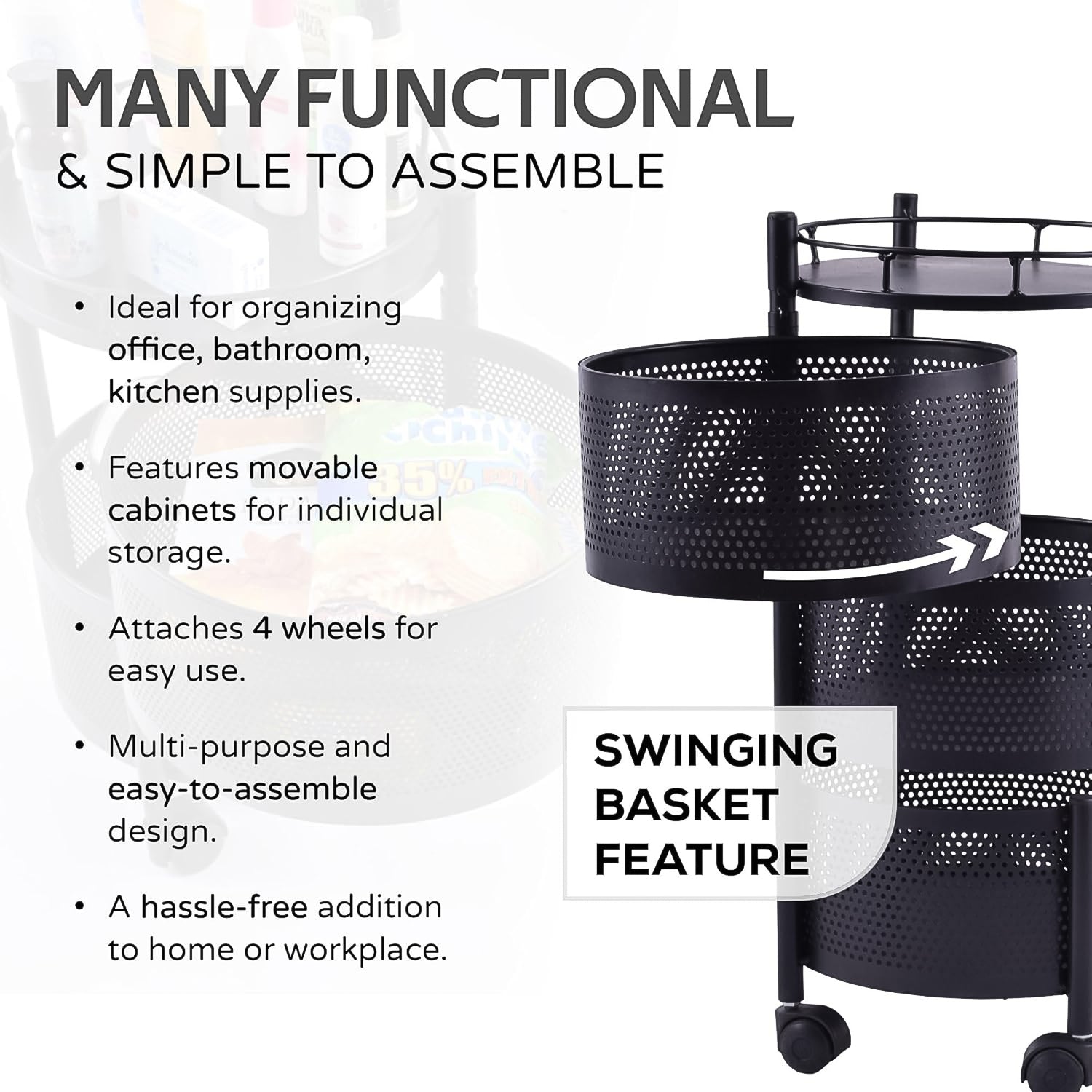 Metal Round High Quality Kitchen Trolley With Wheels (3 Layer 1 Pc)