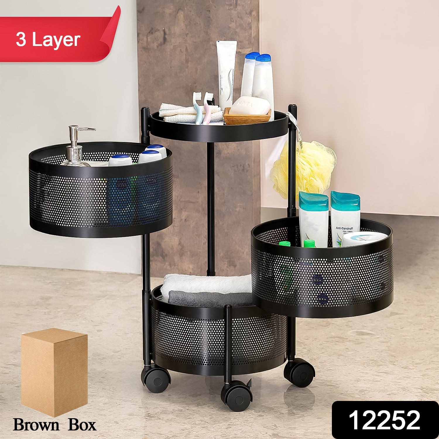 Metal Round High Quality Kitchen Trolley With Wheels (3 Layer 1 Pc)