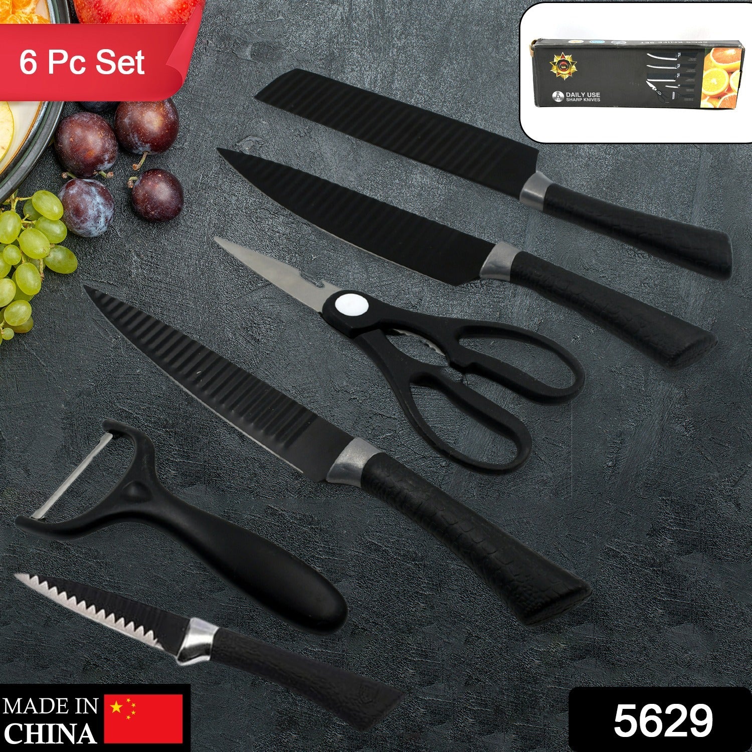5629 6 Pieces Professional Kitchen Knife Set Meat Knife Chefs Knife With Non-slip Handle For Home Kitchen And Restaurant With Chef Peeler And Scissor (Stainless Steel 6 Pcs Set)