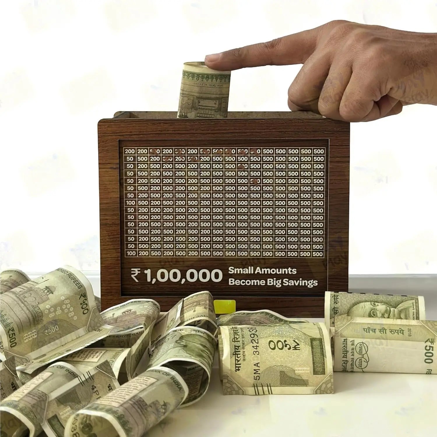Wooden Piggy Bank Savings Challenge Box – ₹1 Lakh Money Saving Tracker with Marker