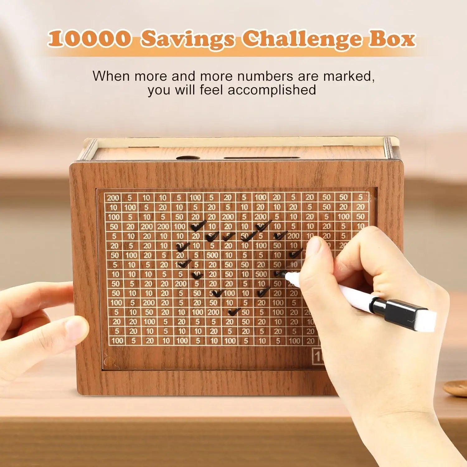 Wooden Piggy Bank Savings Challenge Box – ₹1 Lakh Money Saving Tracker with Marker