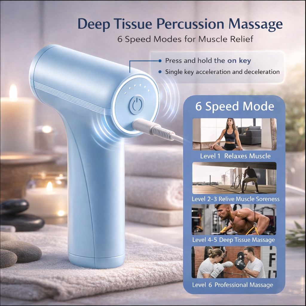 Portable Muscle Massage Gun – Deep Tissue Percussion Massager with Multiple Heads for Gym Recovery & Pain Relief