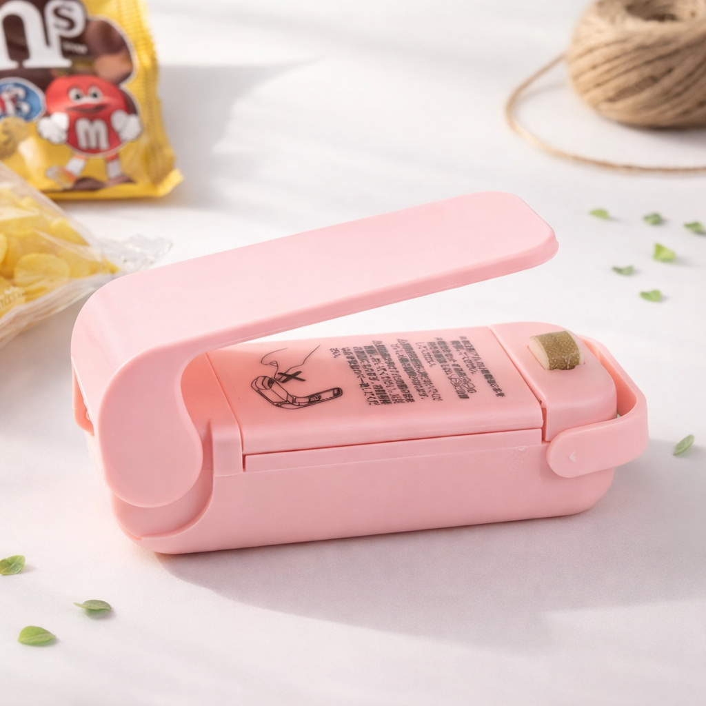 Pink stapler on a light surface with M&M's candy in the background